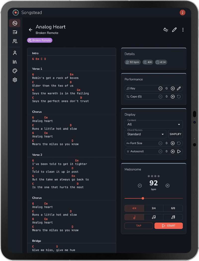 A song open in Songstead on a tablet, with its chart beside key, capo, display, and metronome controls