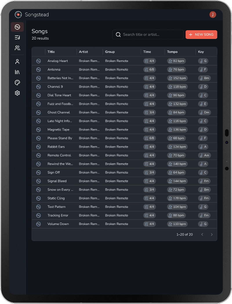 The Songstead song library on a tablet, listing title, artist, group, time, tempo, and key
