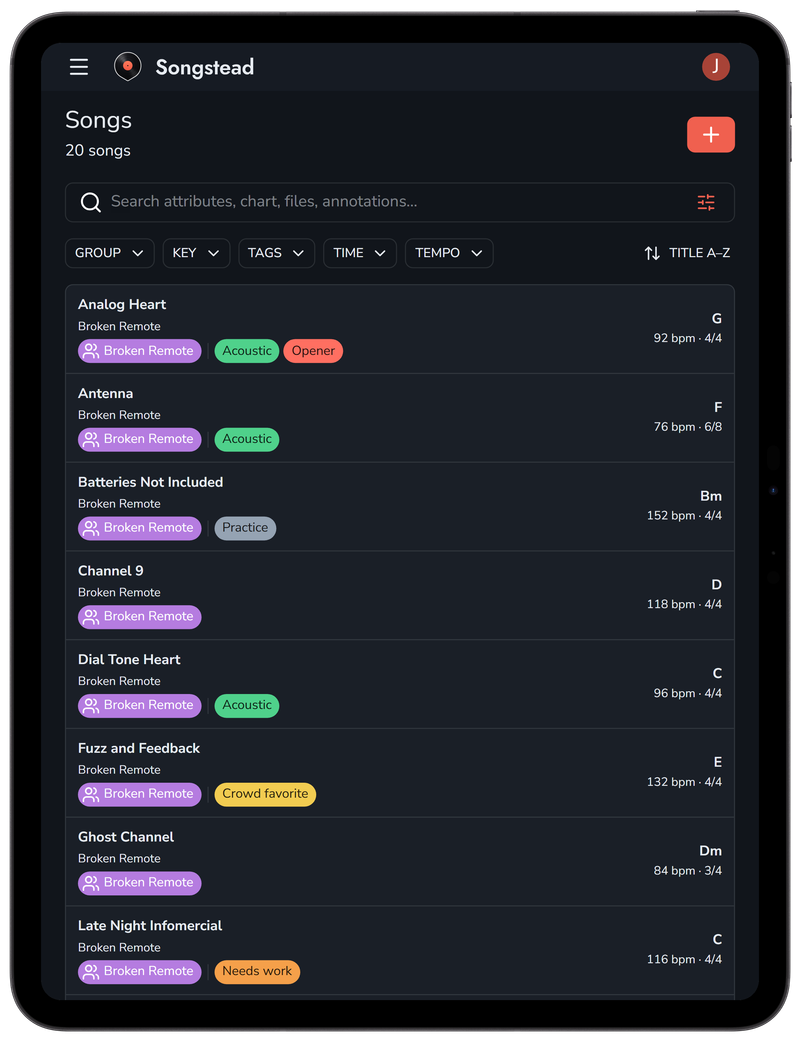 The Songstead song library on a tablet, listing title, artist, group, time, tempo, and key