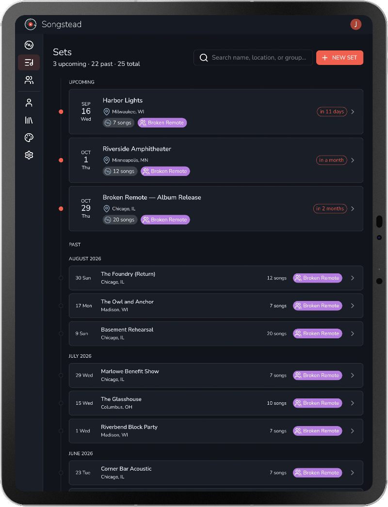 Upcoming and past setlists in Songstead on a tablet