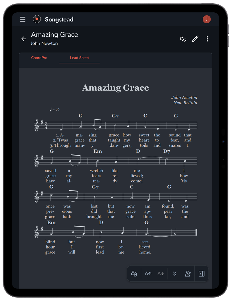 A lead sheet attached to a song, shown as its chart in Songstead on a tablet