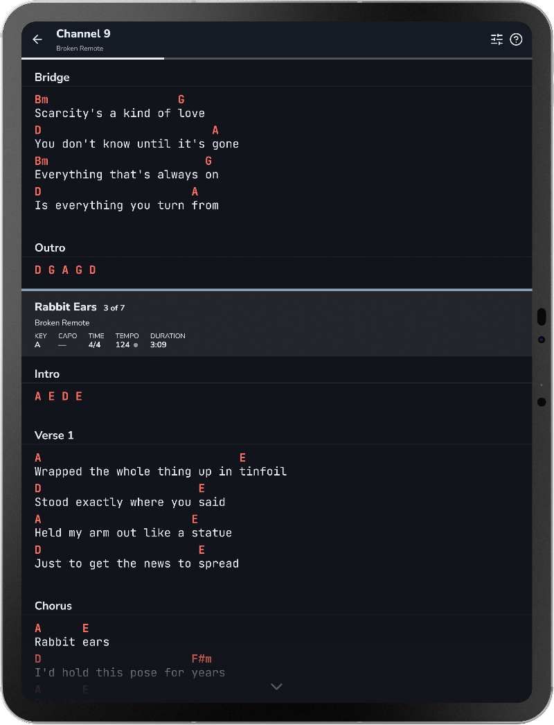 Songstead in live mode on a tablet, one song running into the next