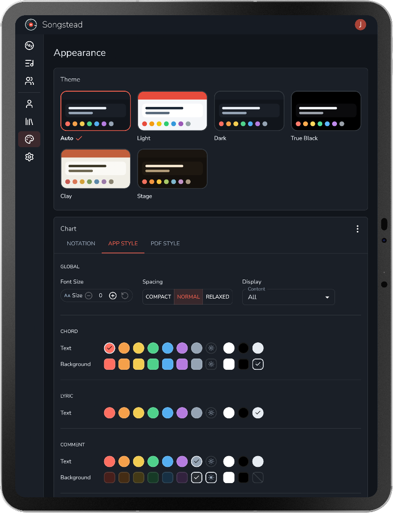 Theme and chart appearance settings in Songstead on a tablet