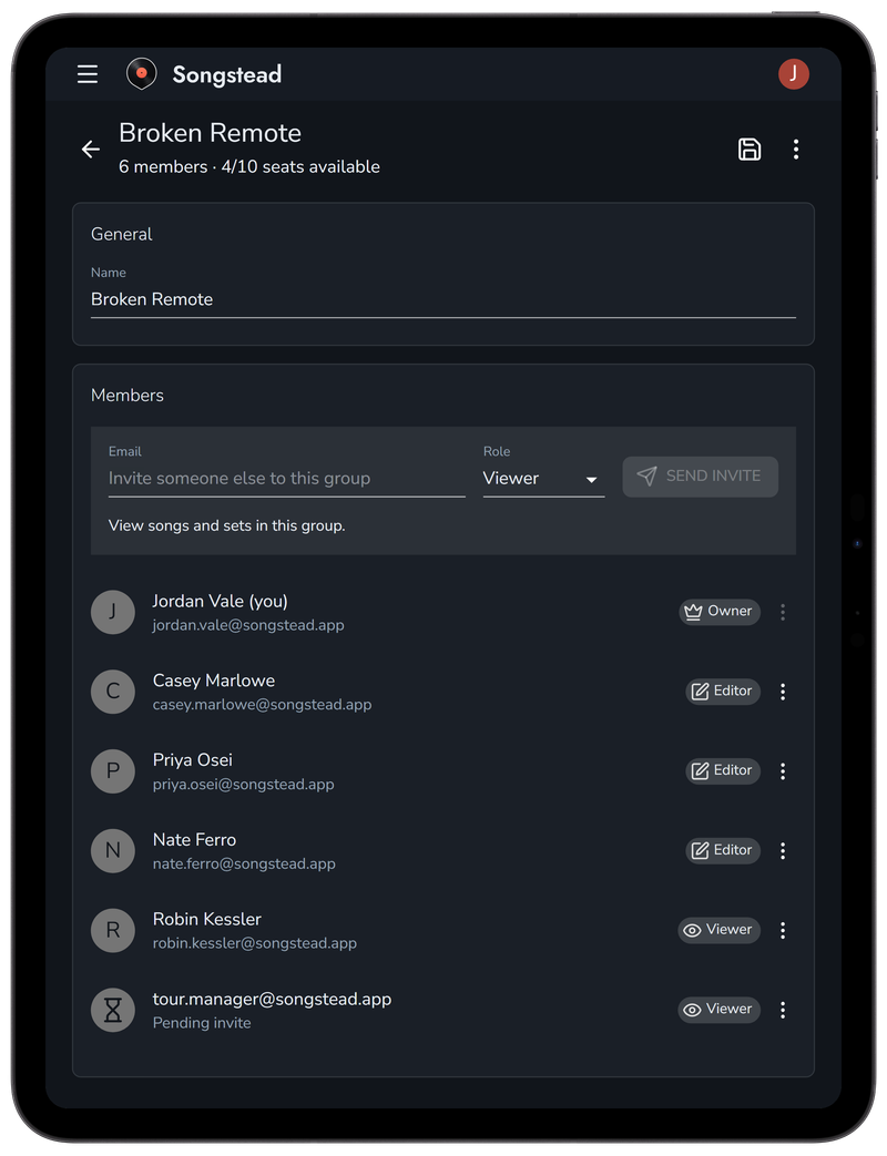 A Songstead group on a tablet, with its members and their roles