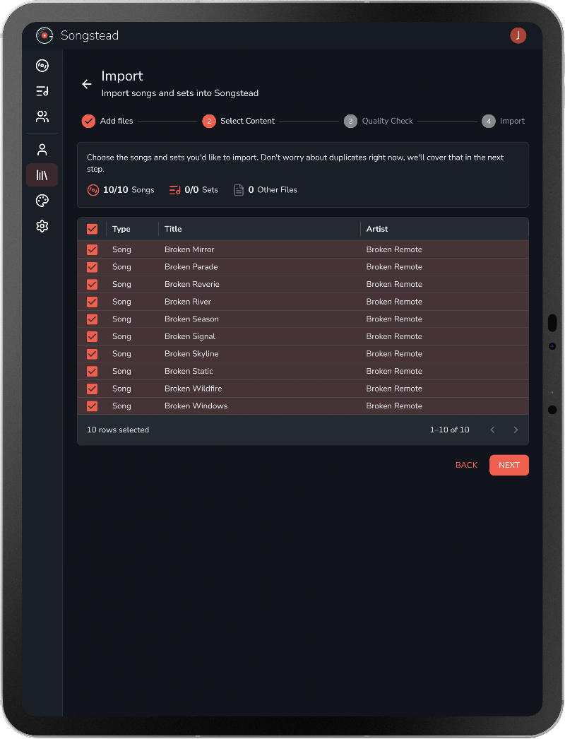 The Songstead import wizard listing the songs it found, on a tablet