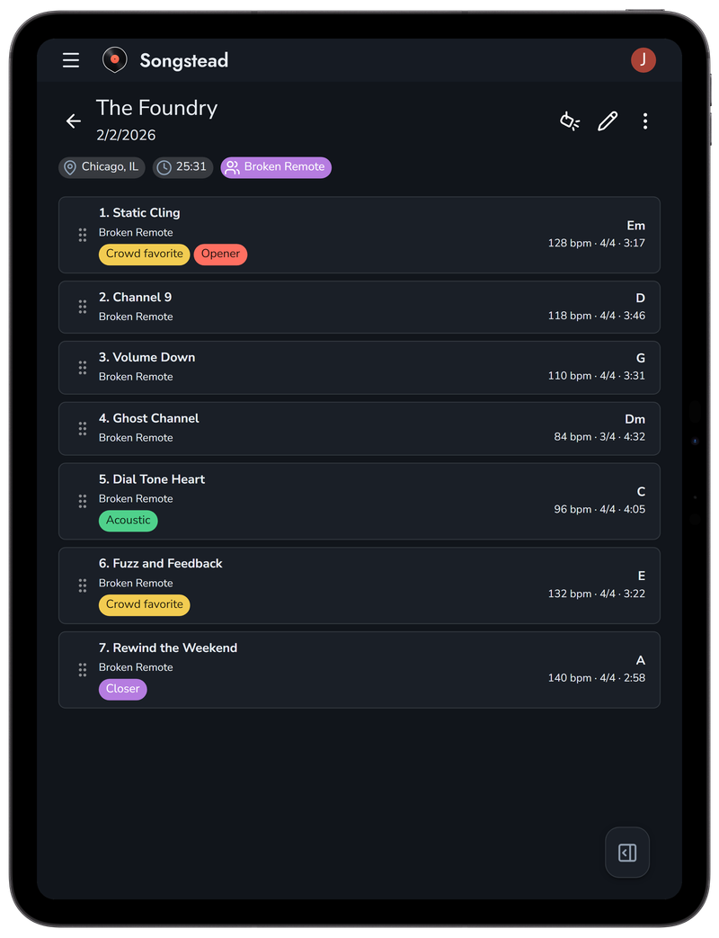 A seven-song setlist in Songstead on a tablet, with each song's key, tempo, and length