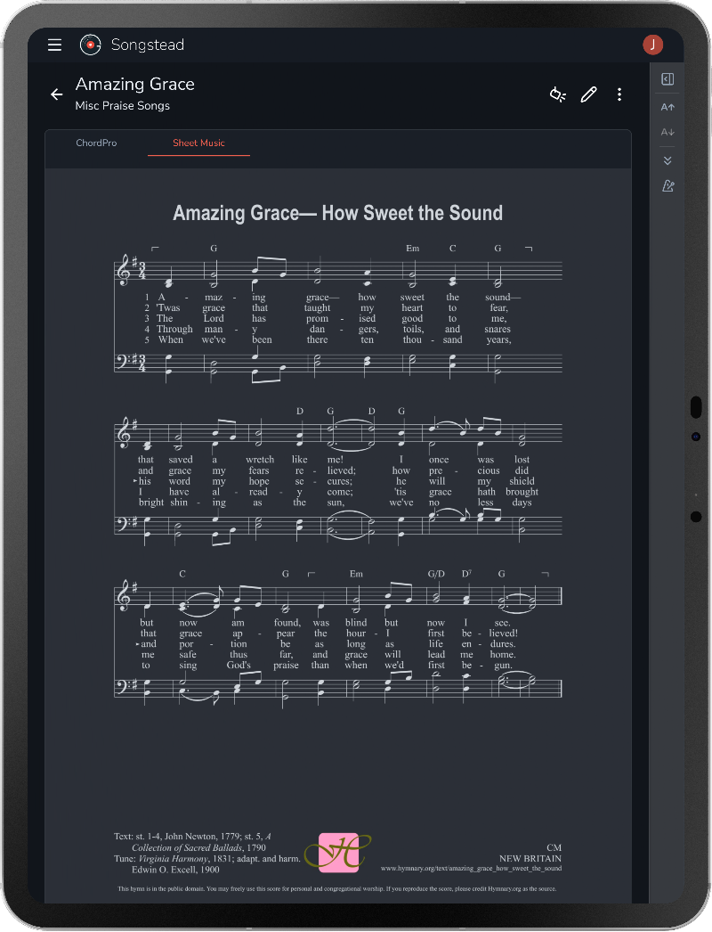 Sheet music from an attached PDF shown as the chart of a song in Songstead on a tablet