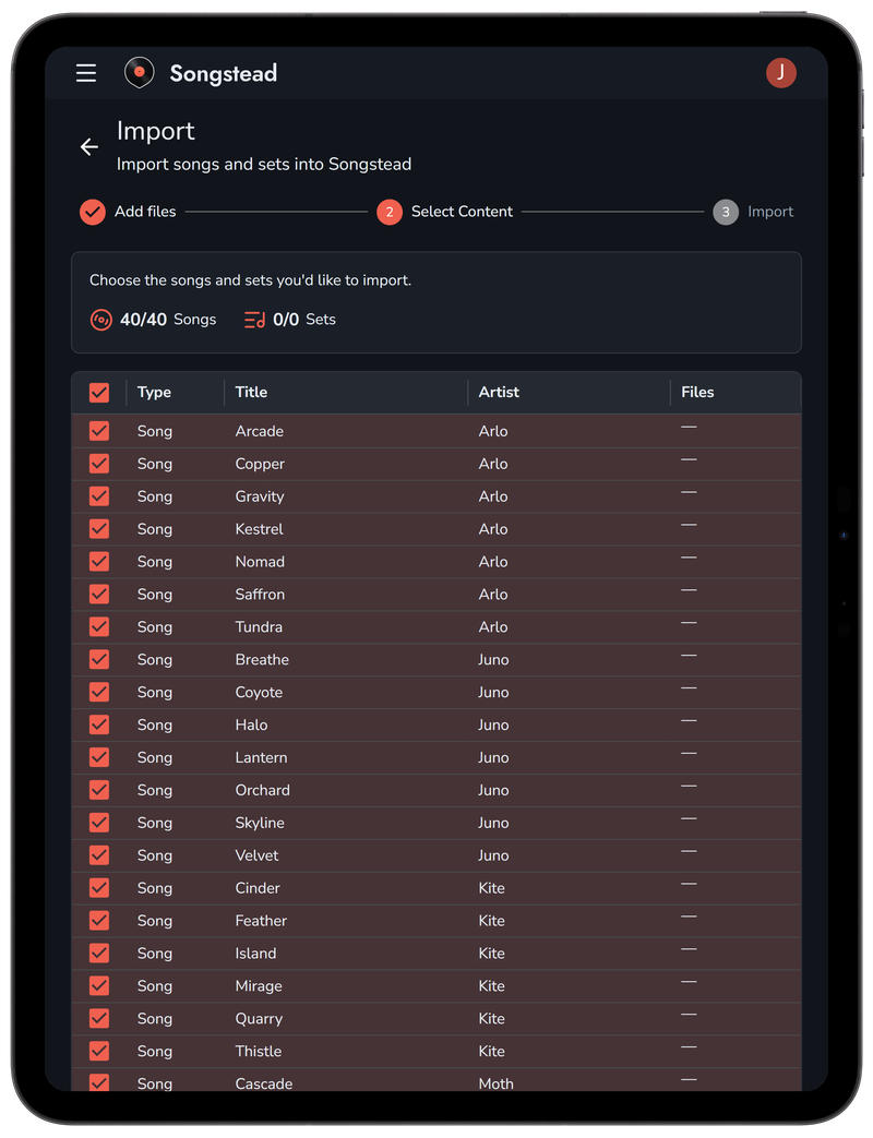 The Songstead import wizard listing the songs it found, on a tablet